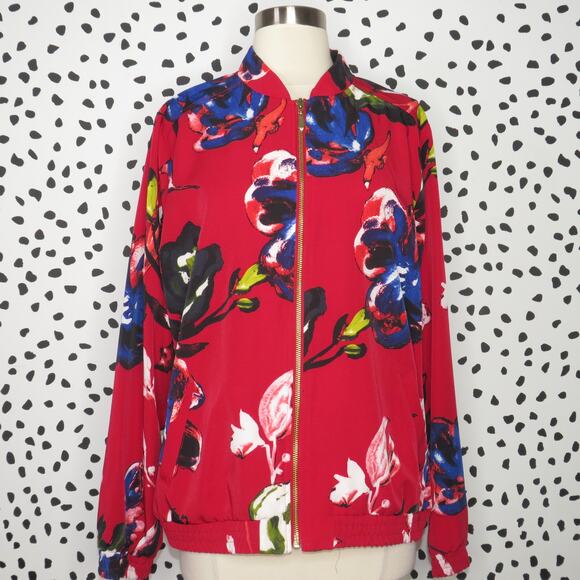 Susan Graver Red Floral Print Lightweight Zipper Front Bomber Jacket - Picture 4 of 10